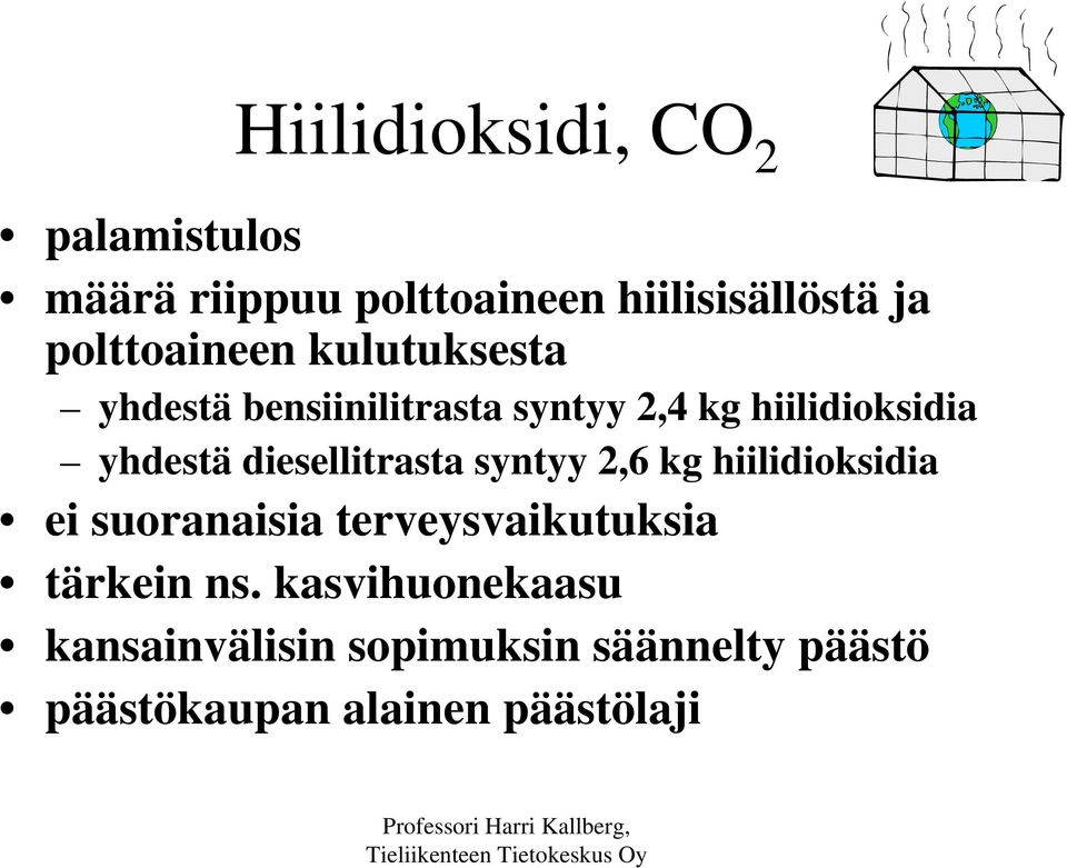 yhdestä diesellitrasta syntyy 2,6 kg hiilidioksidia ei suoranaisia terveysvaikutuksia