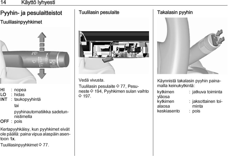 asentoon 1x. Tuulilasinpyyhkimet 3 77. Vedä vivusta. Tuulilasin pesulaite 3 77, Pesuneste 3 194, Pyyhkimen sulan vaihto 3 197.