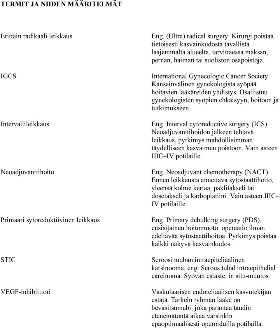 Kansainvälinen gynekologista syöpää hoitavien lääkäreiden yhdistys. Osallistuu gynekologisten syöpien ehkäisyyn, hoitoon ja tutkimukseen. Eng. Interval cytoreductive surgery (ICS).