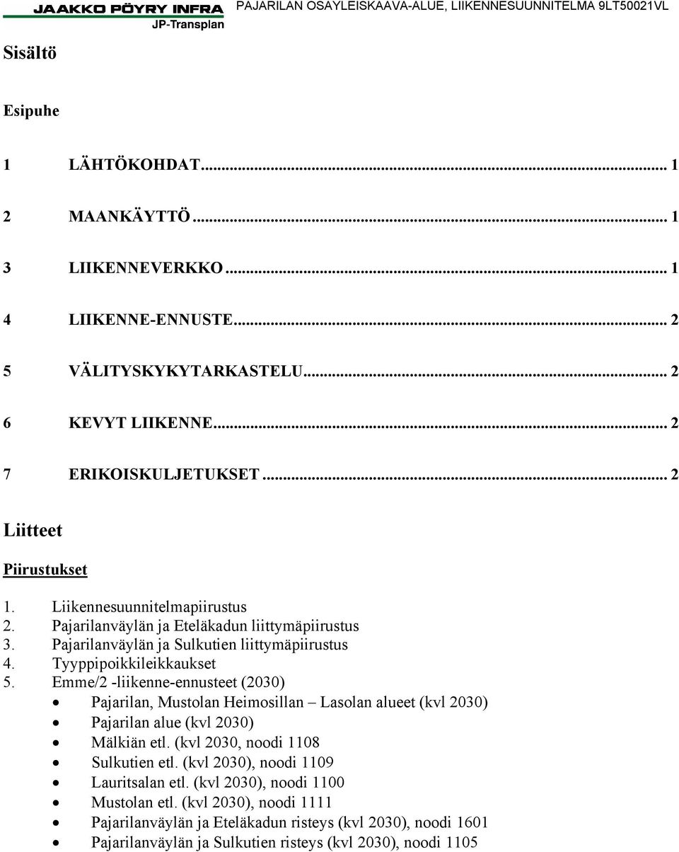 Tyyppipoikkileikkaukset 5. Emme/2 -liikenne-ennusteet (2030) Pajarilan, Mustolan Heimosillan Lasolan alueet (kvl 2030) Pajarilan alue (kvl 2030) Mälkiän etl. (kvl 2030, noodi 1108 Sulkutien etl.