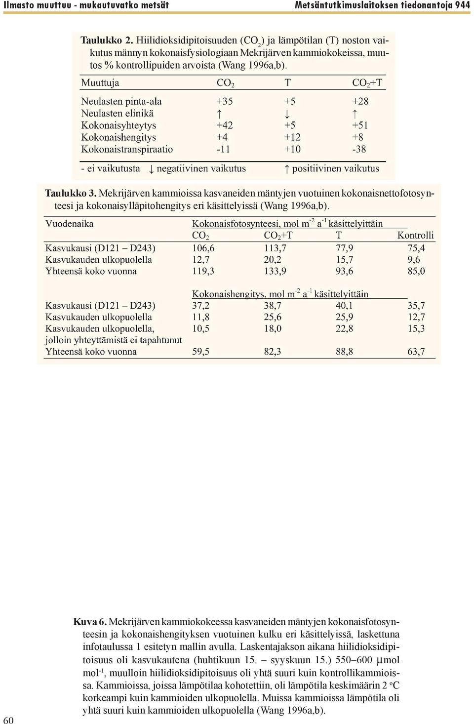 Mekrijärven kammioissa kasvaneiden mäntyjen vuotuinen kokonaisnettofotosynteesi ja kokonaisylläpitohengitys eri käsittelyissä (Wang 1996a,b). 60 Kuva 6.