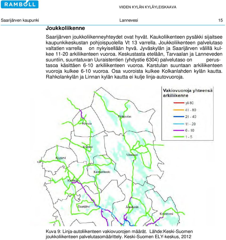 Keskustasta etelään, Tarvaalan ja Lanneveden suuntiin, suuntatuvan Uuraistentien (yhdystie 6304) palvelutaso on perustasoa käsittäen 6-10 arkiliikenteen vuoroa.