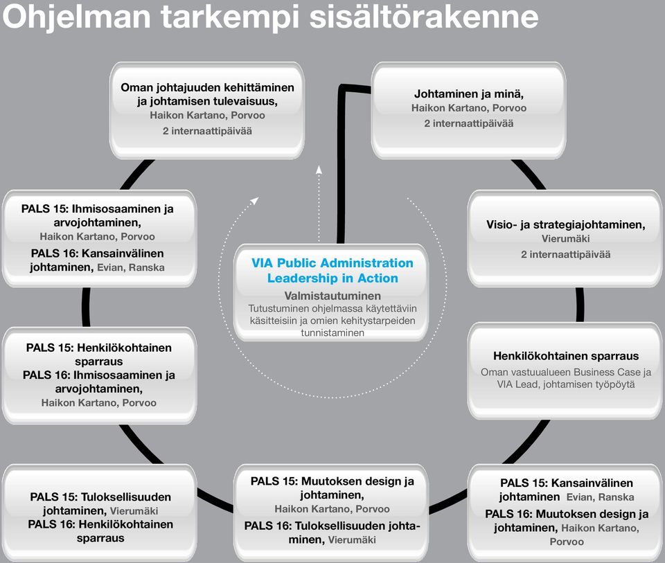 Action Valmistautuminen Tutustuminen ohjelmassa käytettäviin käsitteisiin ja omien kehitystarpeiden tunnistaminen Visio- ja strategiajohtaminen, 2 internaattipäivää Henkilökohtainen sparraus Oman