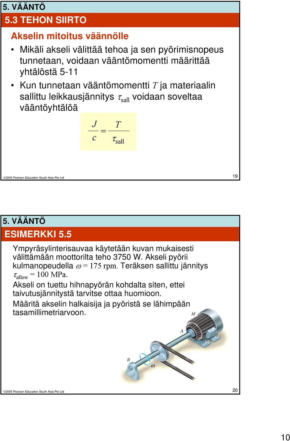 5 Ympyräsylinterisauvaa käytetään kuvan mukaisesti välittämään moottorilta teho 3750 W. Akseli pyörii kulmanopeudella ω = 175 rpm.