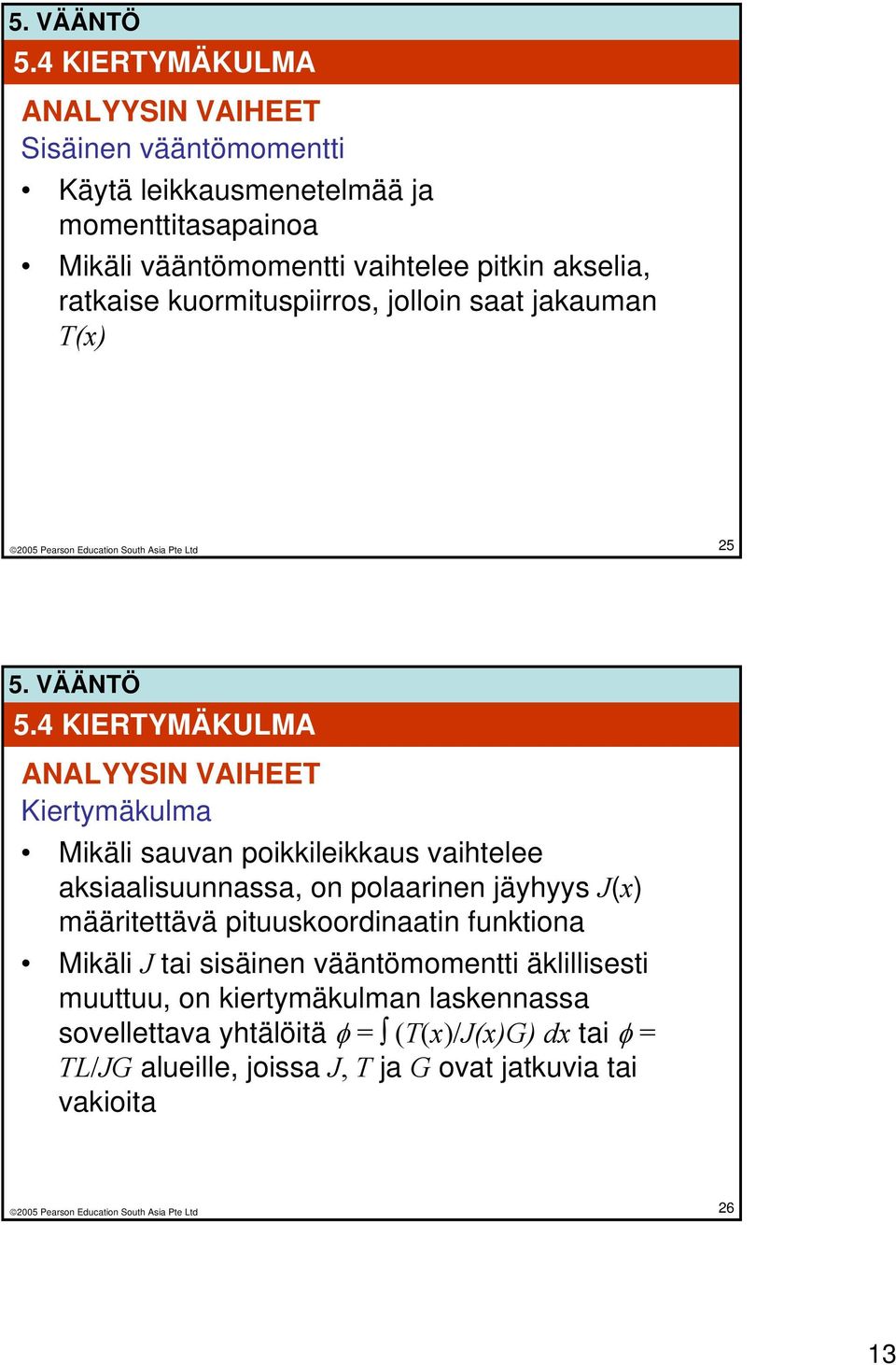 4 KIERTYMÄKULMA ANALYYSIN VAIHEET Kiertymäkulma Mikäli sauvan poikkileikkaus vaihtelee aksiaalisuunnassa, on polaarinen jäyhyys J(x) määritettävä