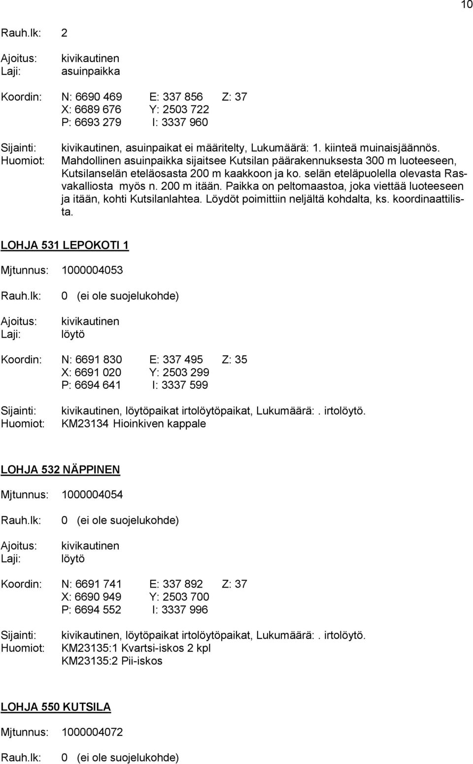 Paikka on peltomaastoa, joka viettää luoteeseen ja itään, kohti Kutsilanlahtea. Löydöt poimittiin neljältä kohdalta, ks. koordinaattilista. LOHJA 531 LEPOKOTI 1 Mjtunnus: 1000004053 Rauh.