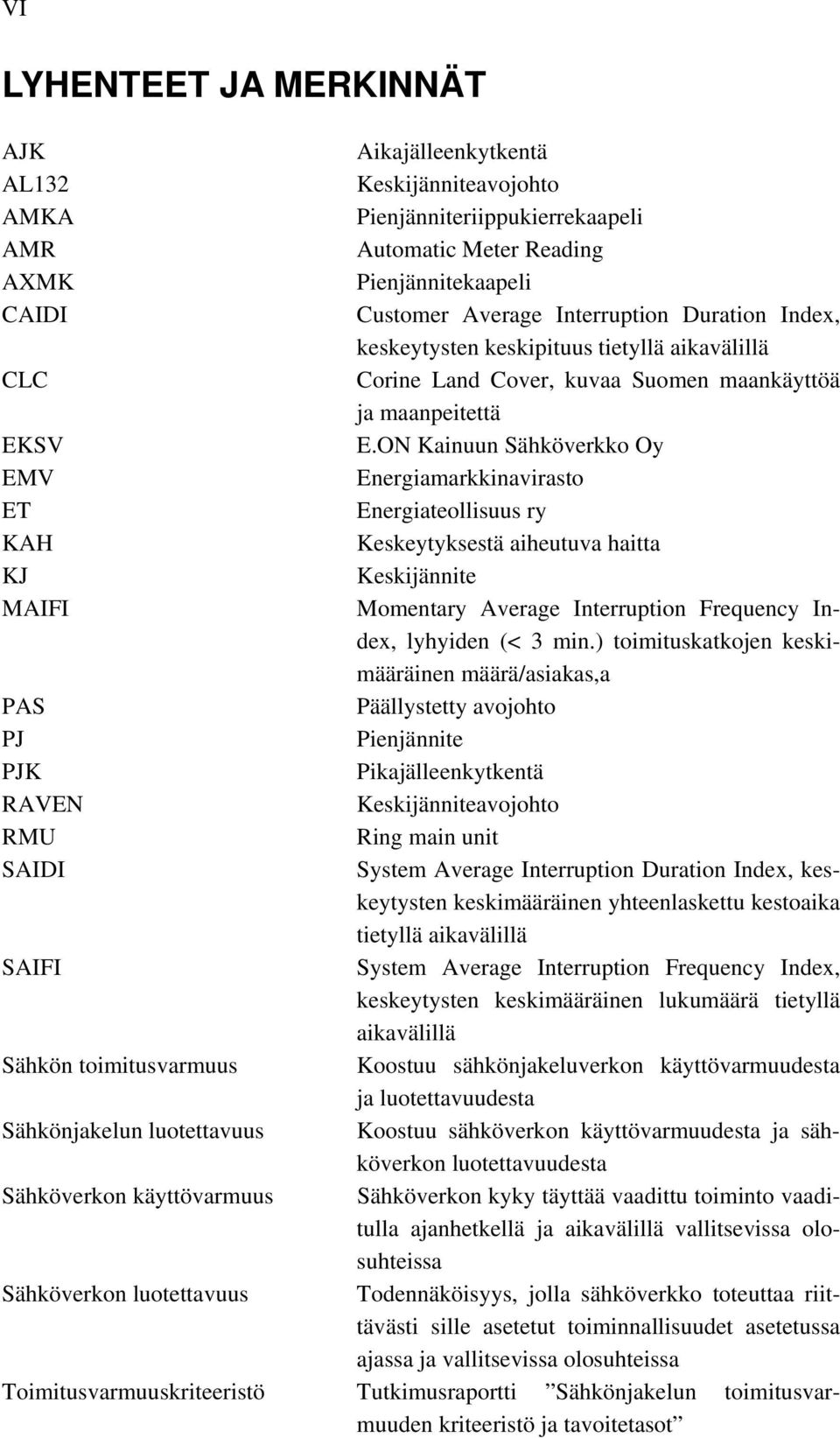 ON Kainuun Sähköverkko Oy EMV Energiamarkkinavirasto ET Energiateollisuus ry KAH Keskeytyksestä aiheutuva haitta KJ Keskijännite MAIFI Momentary Average Interruption Frequency Index, lyhyiden (< 3