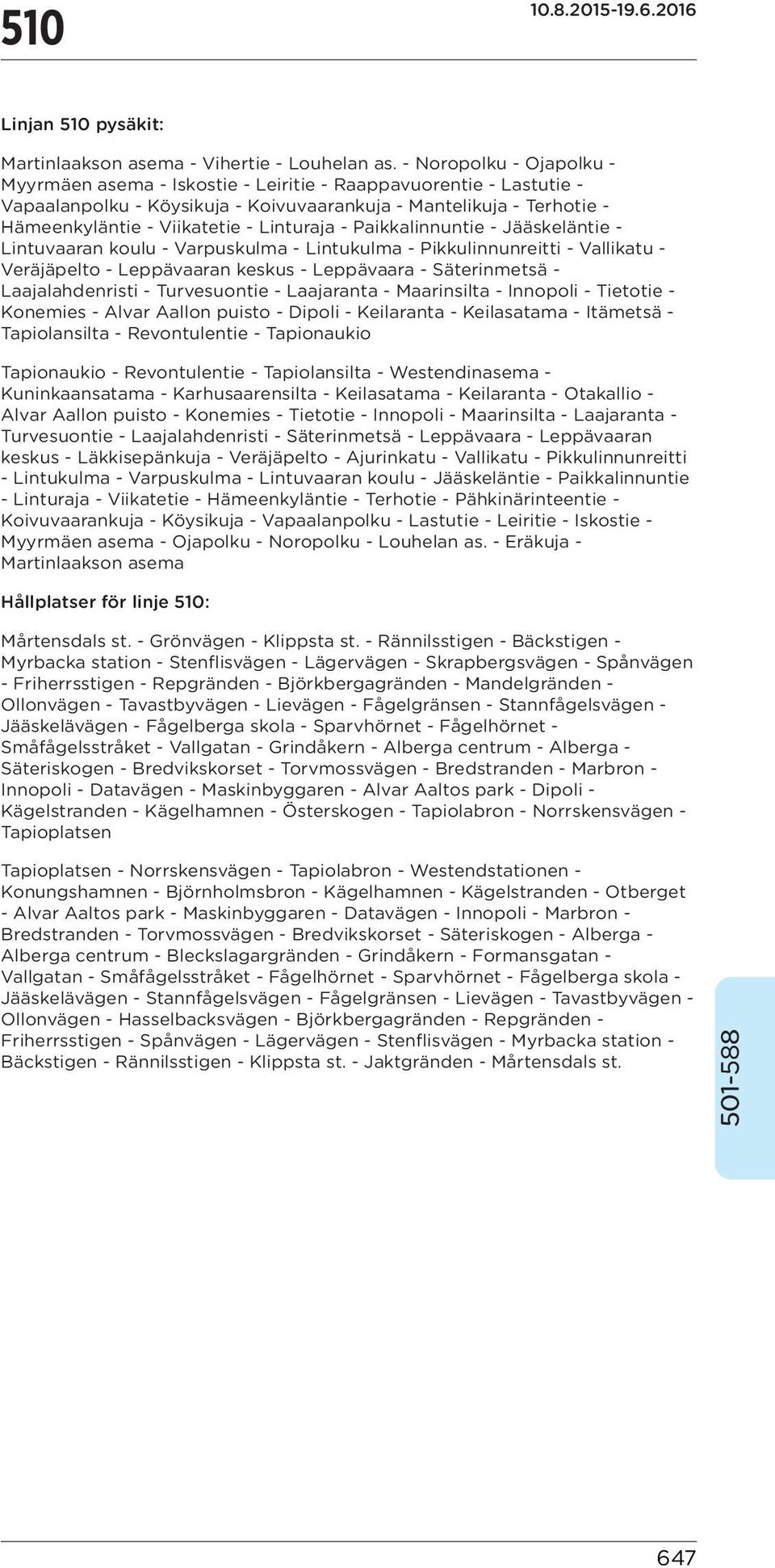 Linturaja - Paikkalinnuntie - Jääskeläntie - Lintuvaaran koulu - Varpuskulma - Lintukulma - Pikkulinnunreitti - Vallikatu - Veräjäpelto - Leppävaaran keskus - Leppävaara - Säterinmetsä -