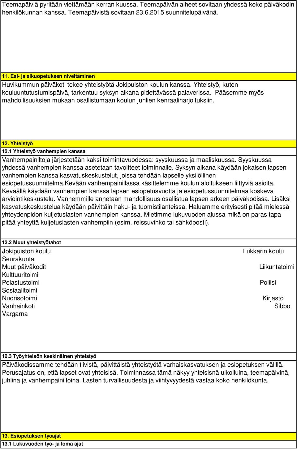 Pääsemme myös mahdollisuuksien mukaan osallistumaan koulun juhlien kenraaliharjoituksiin. 12. Yhteistyö 12.