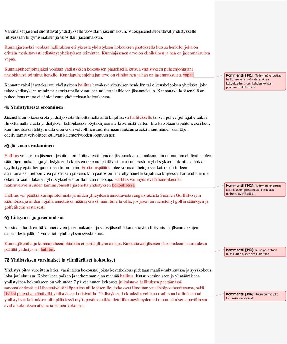 Kunniajäsenen arvo on elinikäinen ja hän on jäsenmaksuista vapaa. Kunniapuheenjohtajaksi voidaan yhdistyksen kokouksen päätöksellä kutsua yhdistyksen puheenjohtajana ansiokkaasti toiminut henkilö.