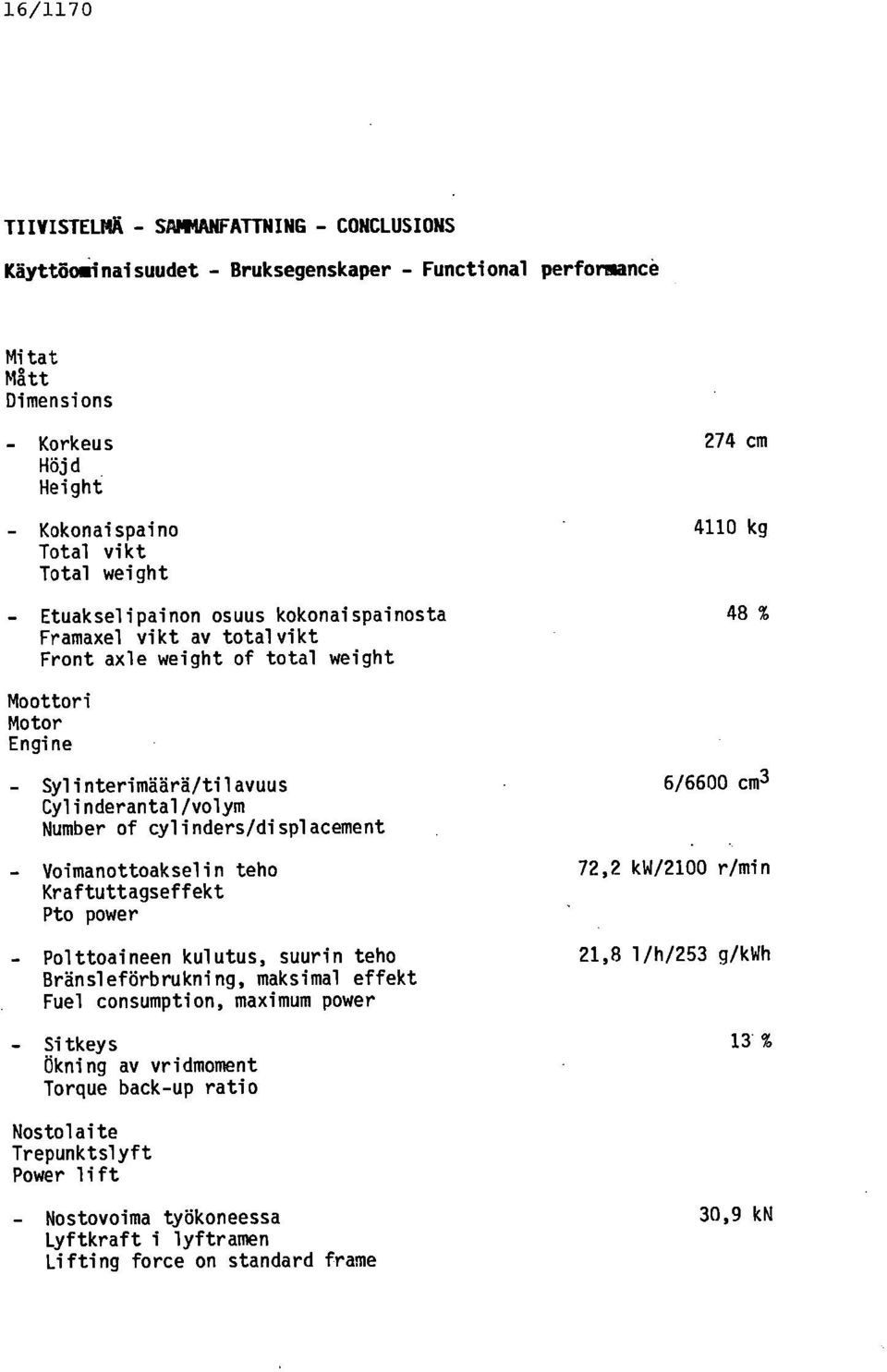 cylinders/displacement Voimanottoakselin teho Kraftuttagseffekt Pto power Polttoaineen kulutus, suurin teho Bränsleförbrukning, maksimal effekt Fuel consumption, maximum power 6/6600 cm3 72,2