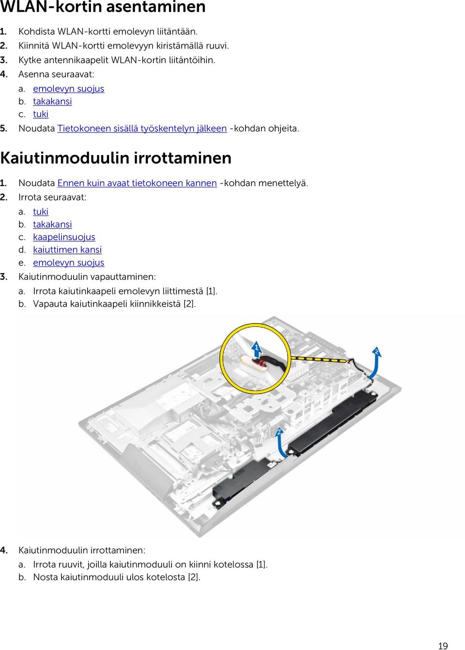 Noudata Ennen kuin avaat tietokoneen kannen -kohdan menettelyä. 2. Irrota seuraavat: a. tuki b. takakansi c. kaapelinsuojus d. kaiuttimen kansi e. emolevyn suojus 3.