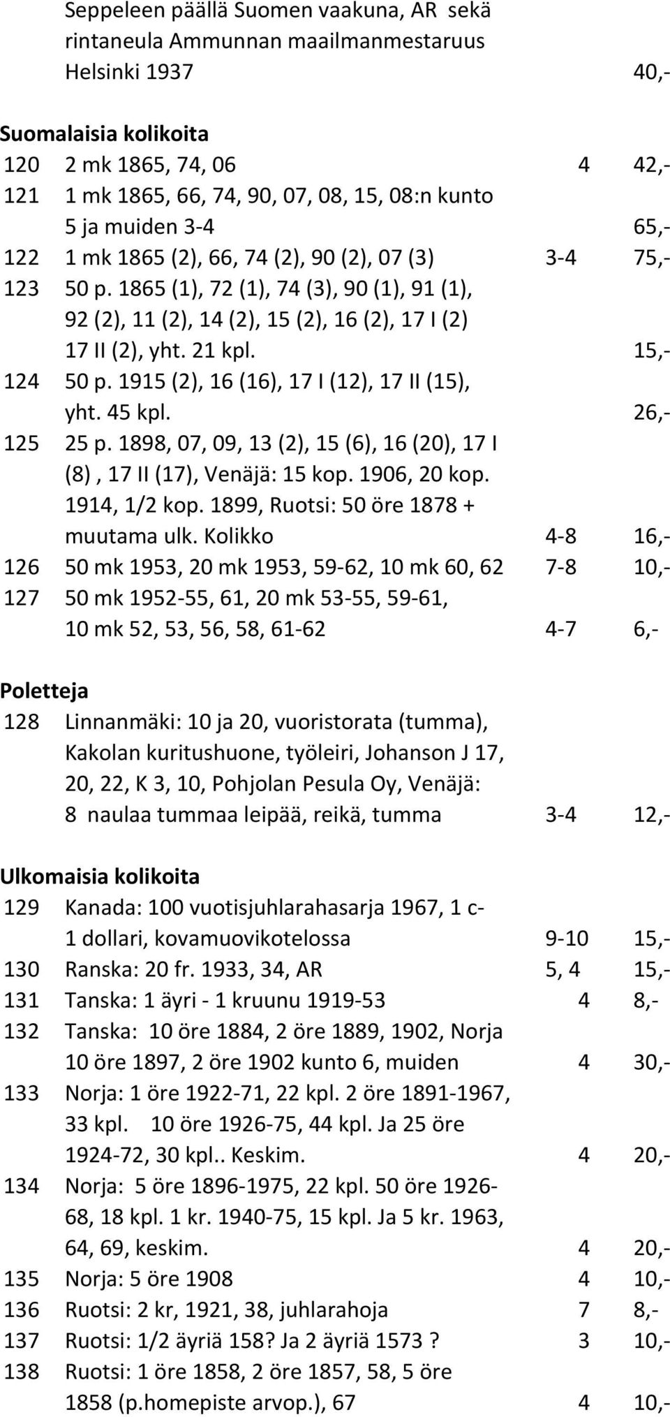 15,- 124 50 p. 1915 (2), 16 (16), 17 I (12), 17 II (15), yht. 45 kpl. 26,- 125 25 p. 1898, 07, 09, 13 (2), 15 (6), 16 (20), 17 I (8), 17 II (17), Venäjä: 15 kop. 1906, 20 kop. 1914, 1/2 kop.