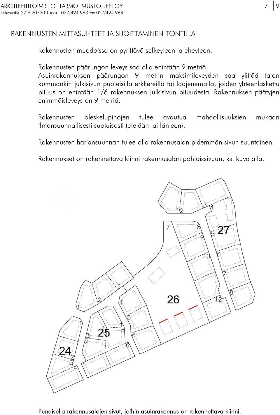 julkisivun pituudesta. Rakennuksen päätyjen enimmäisleveys on 9 metriä. Rakennusten oleskelupihojen tulee avautua mahdollisuuksien mukaan ilmansuunnallisesti suotuisasti (etelään tai länteen).