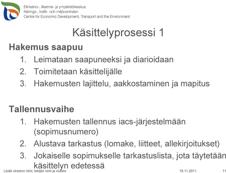 Hakemusten lajittelu, aakkostaminen ja mapitus Tallennusvaihe 1.