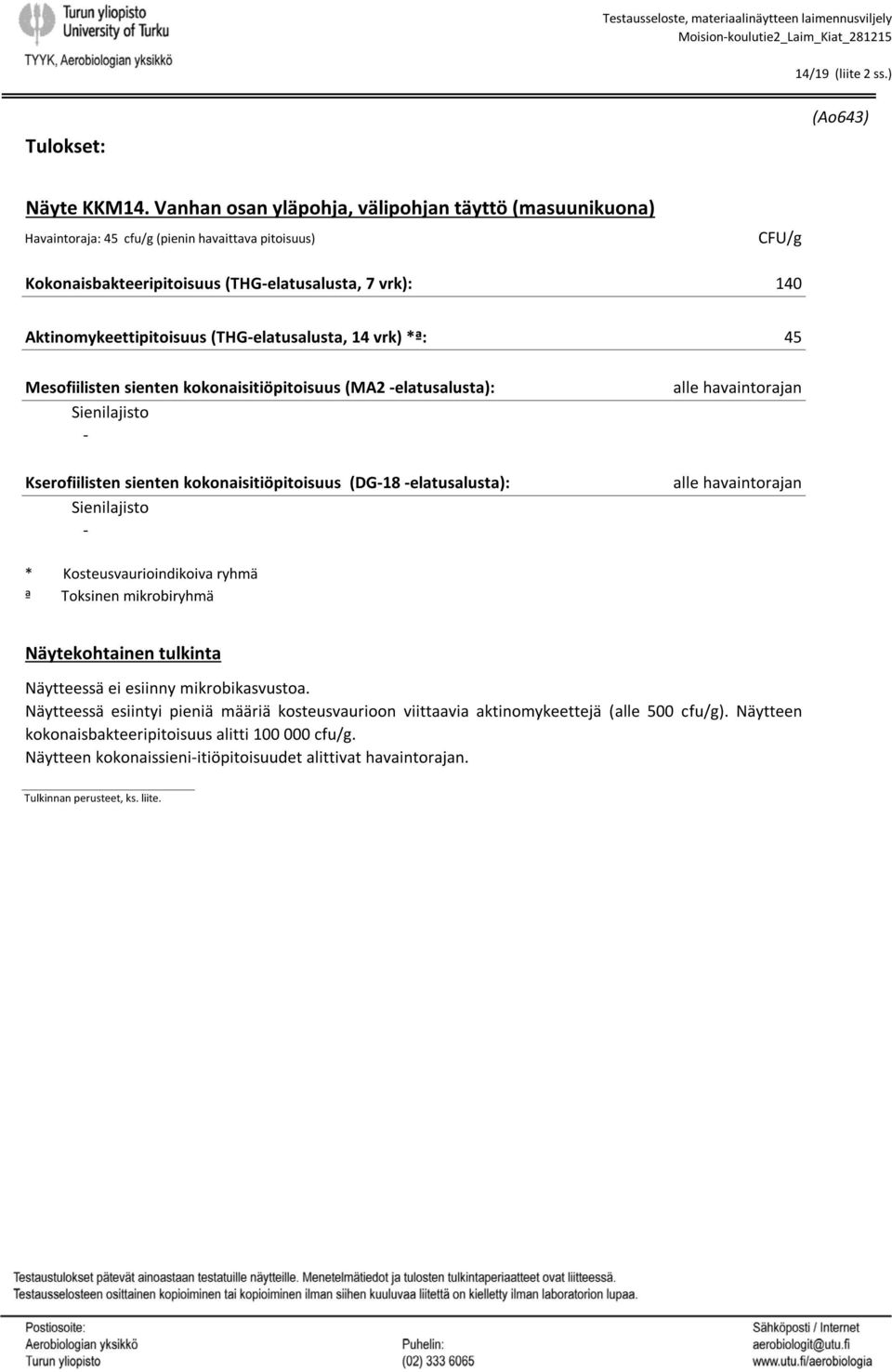 7 vrk): 140 Aktinomykeettipitoisuus (THGelatusalusta, 14 vrk) *ª: 45 Mesofiilisten sienten kokonaisitiöpitoisuus (MA2 elatusalusta): Kserofiilisten