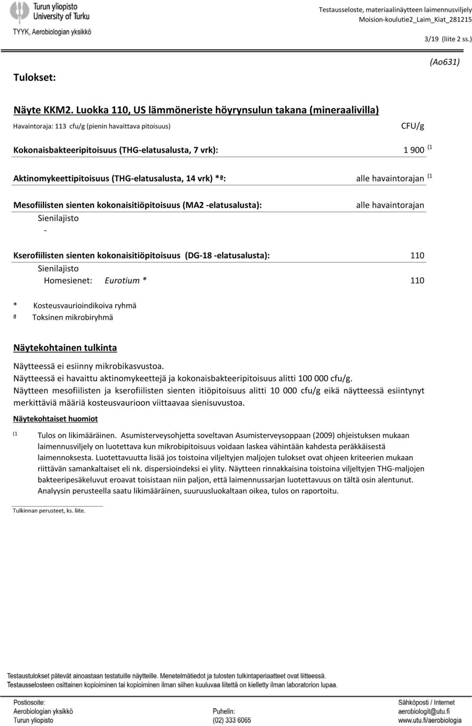 Aktinomykeettipitoisuus (THGelatusalusta, 14 vrk) *ª: (1 Mesofiilisten sienten kokonaisitiöpitoisuus (MA2 elatusalusta): Kserofiilisten sienten kokonaisitiöpitoisuus (DG18 elatusalusta): 110