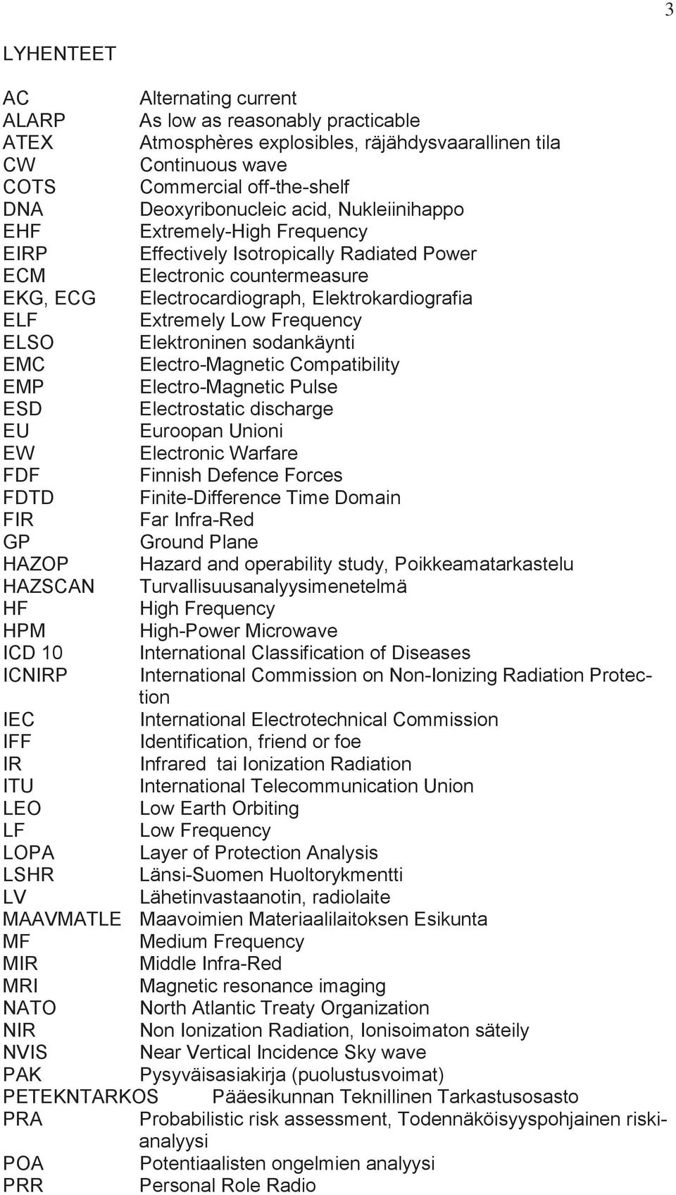 Frequency ELSO Elektroninen sodankäynti EMC Electro-Magnetic Compatibility EMP Electro-Magnetic Pulse ESD Electrostatic discharge EU Euroopan Unioni EW Electronic Warfare FDF Finnish Defence Forces