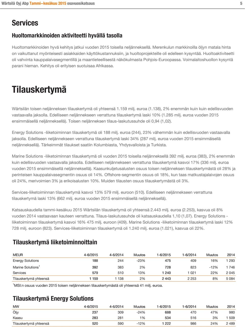 Huoltoaktiviteetti oli vahvinta kauppalaivasegmentillä ja maantieteellisestä näkökulmasta Pohjois-Euroopassa. Voimalaitoshuollon kysyntä parani hieman. Kehitys oli erityisen suotuisaa Afrikassa.