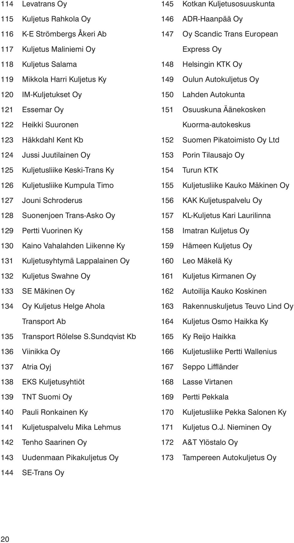 Kaino Vahalahden Liikenne Ky 131 Kuljetusyhtymä Lappalainen Oy 132 Kuljetus Swahne Oy 133 SE Mäkinen Oy 134 Oy Kuljetus Helge Ahola Transport Ab 135 Transport Rölelse S.