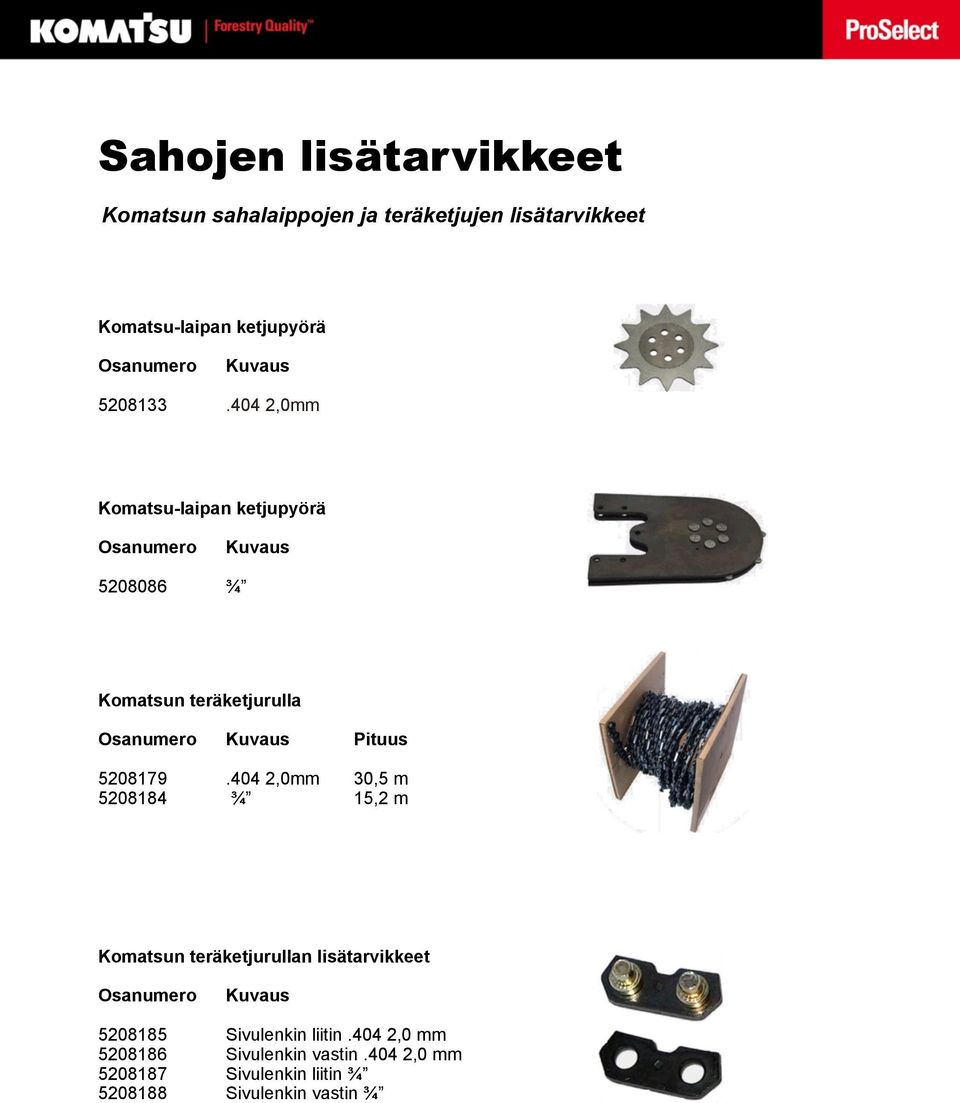 404 2,0mm Komatsu-laipan ketjupyörä Osanumero Kuvaus 5208086 ¾ Komatsun teräketjurulla Osanumero Kuvaus Pituus