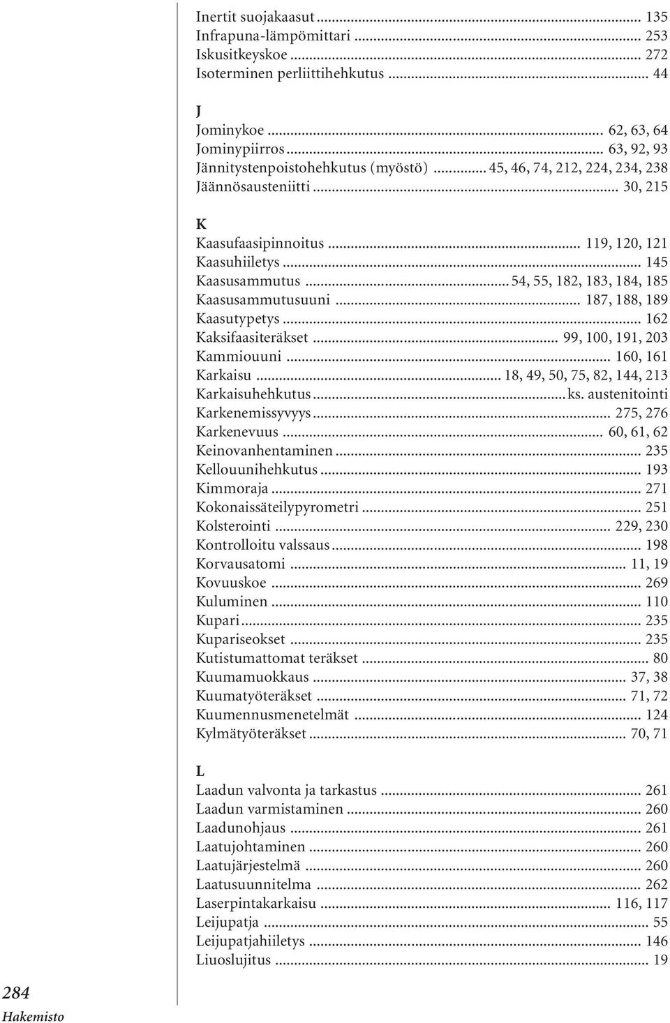 .. 54, 55, 182, 183, 184, 185 Kaasusammutusuuni... 187, 188, 189 Kaasutypetys... 162 Kaksifaasiteräkset... 99, 100, 191, 203 Kammiouuni... 160, 161 Karkaisu.