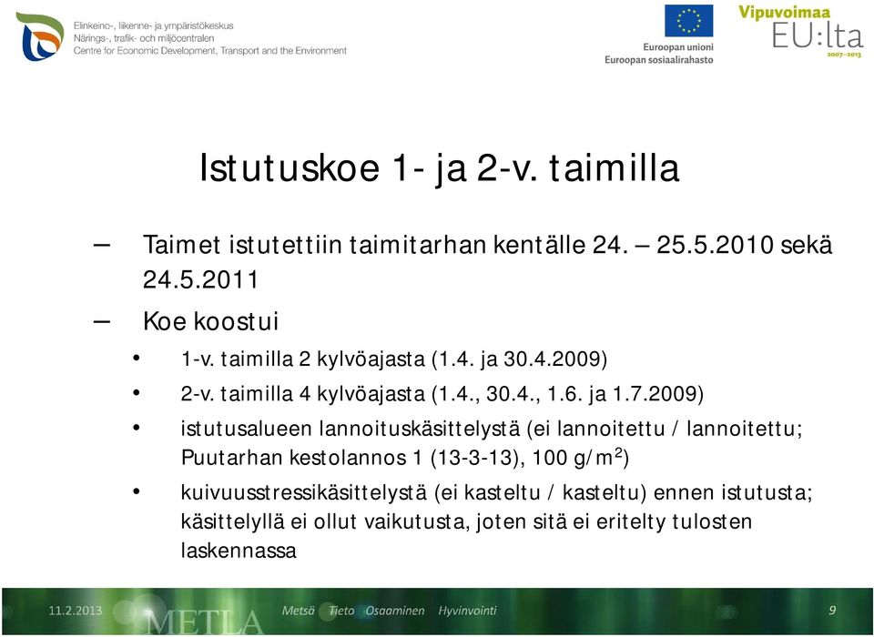 2009) istutusalueen lannoituskäsittelystä (ei lannoitettu / lannoitettu; Puutarhan kestolannos 1 (13-3-13), 100 g/m 2 )