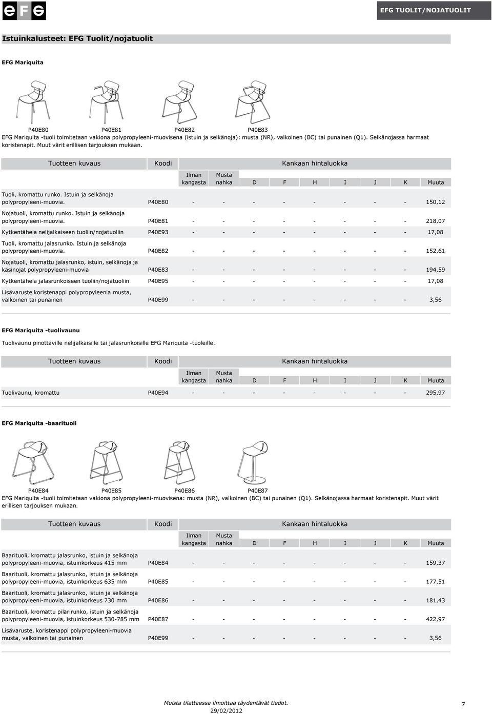 P40E80 - - - - - - - - 150,12 Nojatuoli, kromattu runko. Istuin ja selkänoja polypropyleeni-muovia.