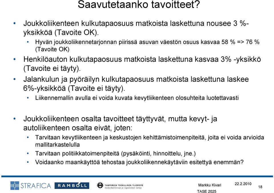 Jalankulun ja pyöräilyn kulkutapaosuus matkoista laskettuna laskee 6% yksikköä (Tavoite ei täyty).