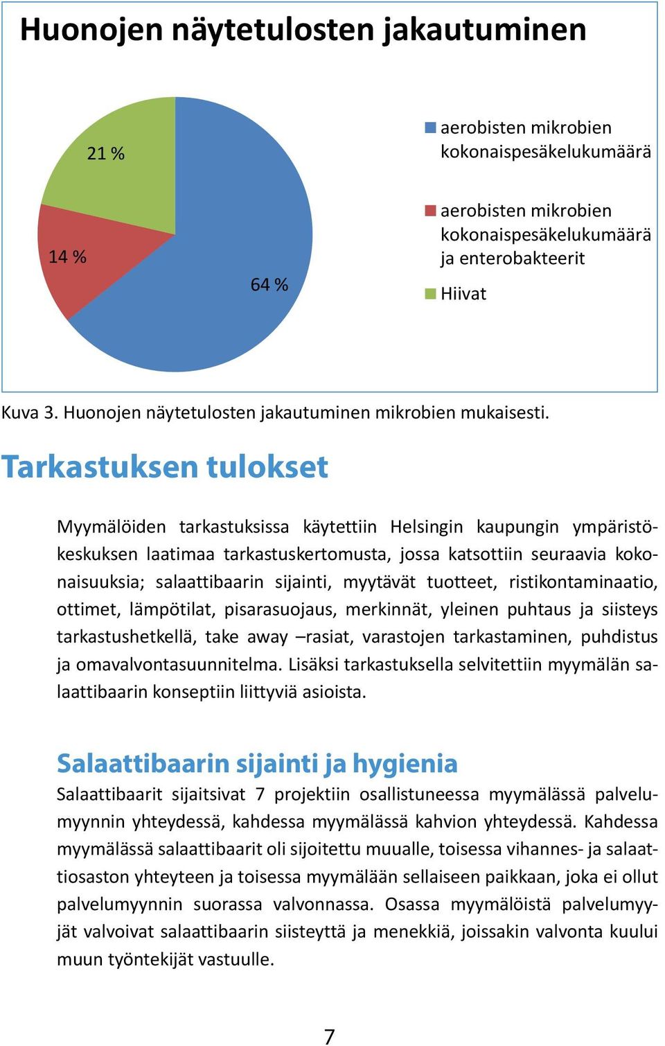 Tarkastuksen tulokset Myymälöiden tarkastuksissa käytettiin Helsingin kaupungin ympäristökeskuksen laatimaa tarkastuskertomusta, jossa katsottiin seuraavia kokonaisuuksia; salaattibaarin sijainti,