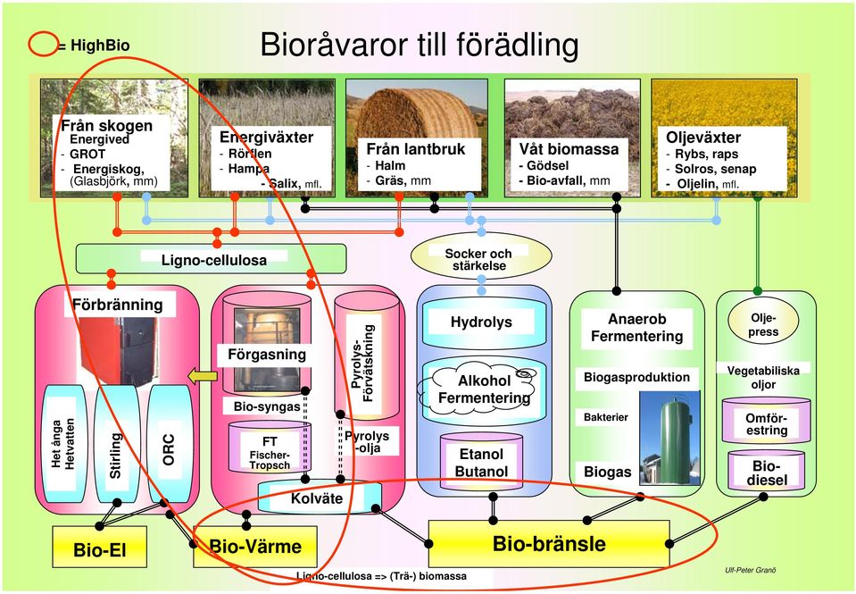 Ligno-cellulosa Socker och stärkelse Het ånga Hetvatten Förbränning Stirling ORC Förgasning Bio-syngas FT Fischer- Tropsch Kolväte Oljepress Pyrolys- Förvätskning