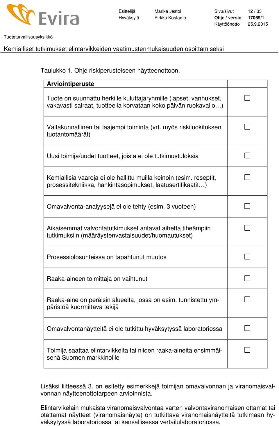 myös riskiluokituksen tuotantomäärät) Uusi toimija/uudet tuotteet, joista ei ole tutkimustuloksia Kemiallisia vaaroja ei ole hallittu muilla keinoin (esim.