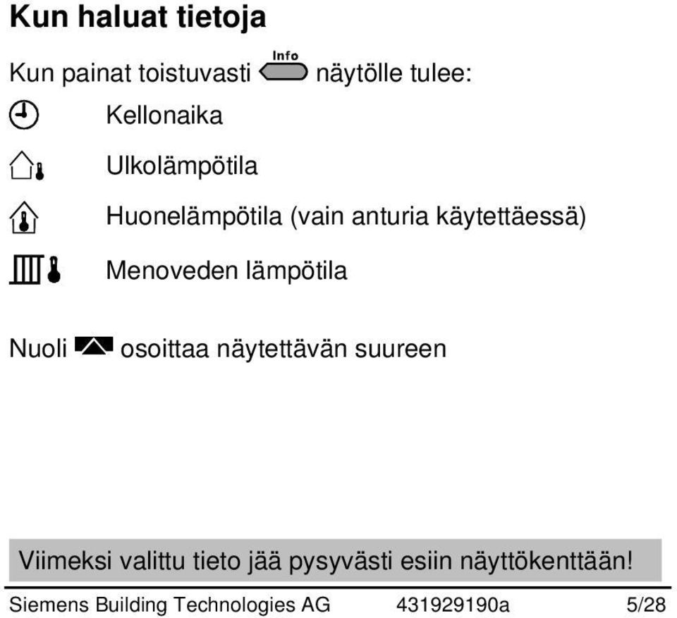 lämpötila Nuoli osoittaa näytettävän suureen Viimeksi valittu tieto jää