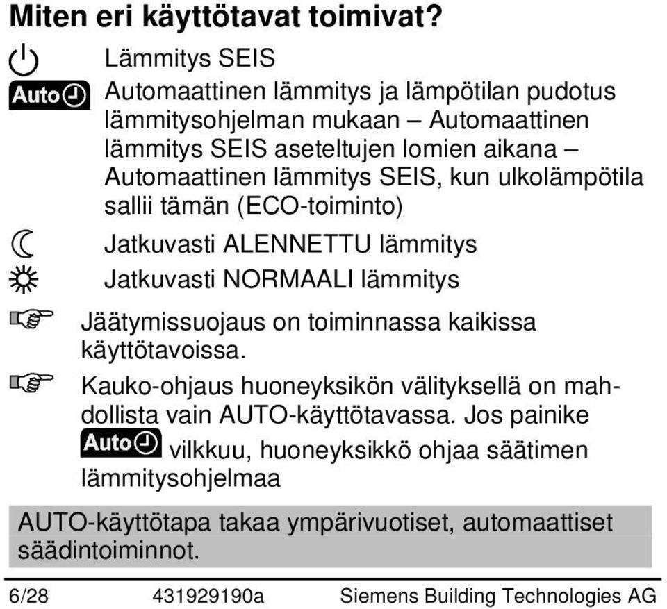 lämmitys SEIS, kun ulkolämpötila sallii tämän (ECO-toiminto) Jatkuvasti ALENNETTU lämmitys Jatkuvasti NORMAALI lämmitys Jäätymissuojaus on toiminnassa