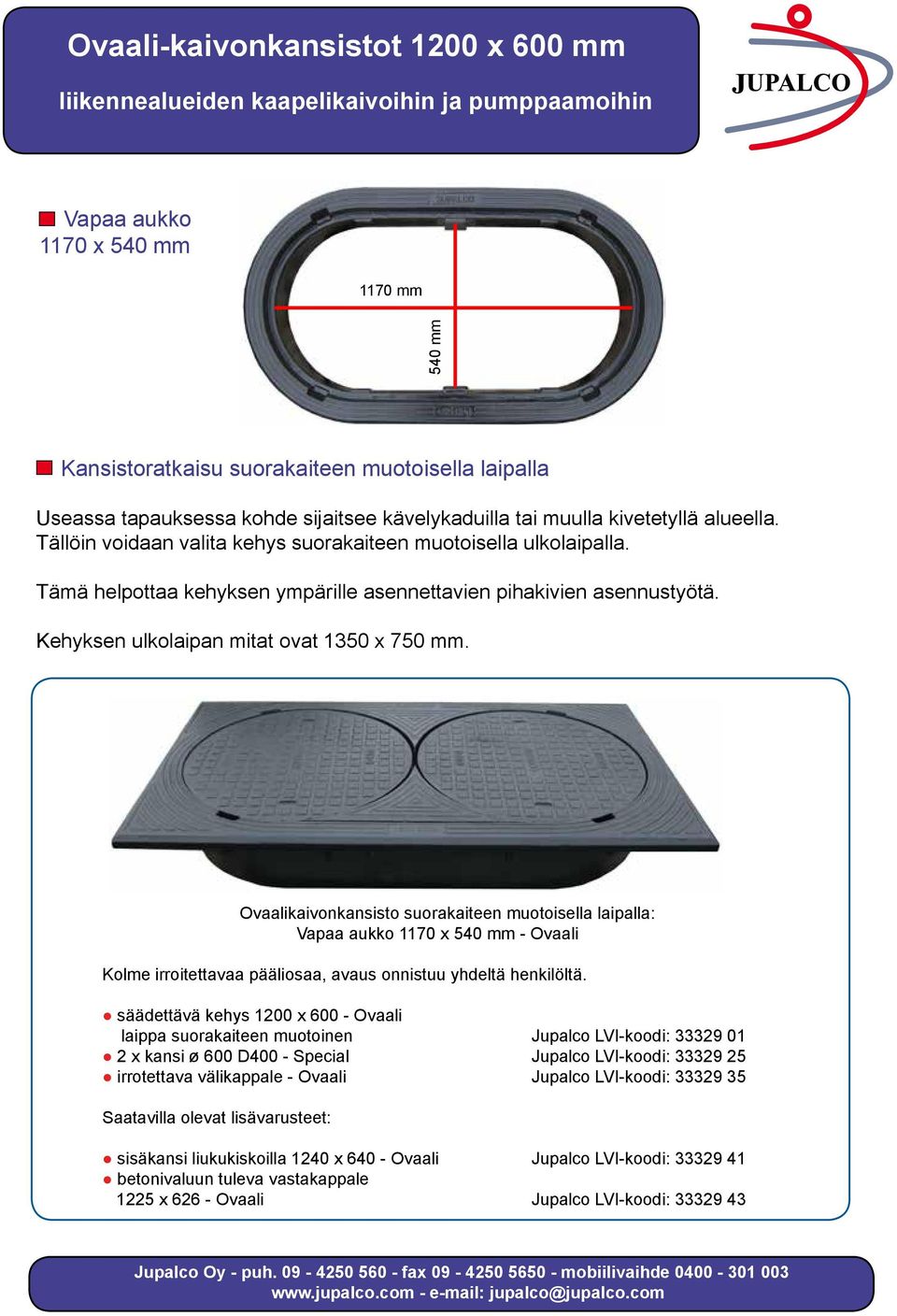 Ovaalikaivonkansisto suorakaiteen muotoisella laipalla: Vapaa aukko 1170 x 540 mm - Ovaali Kolme irroitettavaa pääliosaa, avaus onnistuu yhdeltä henkilöltä.