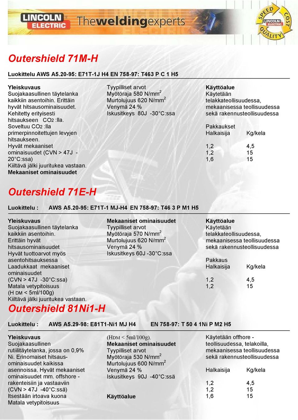 Myötöraja 580 N/mm 2 Murtolujuus 620 N/mm 2 Venymä 24 % Iskusitkeys 80J -30 C:ssa Käytetään telakkateollisuudessa, Pakkaukset Outershield 71E-H Luokittelu : AWS A5.