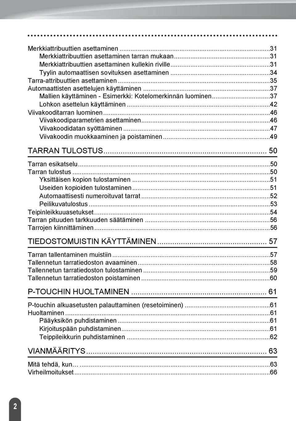 .. Viivakoodiparametrien asettaminen... Viivakoodidatan syöttäminen... Viivakoodin muokkaaminen ja poistaminen... TARRAN TULOSTUS... 0 Tarran esikatselu...0 Tarran tulostus.