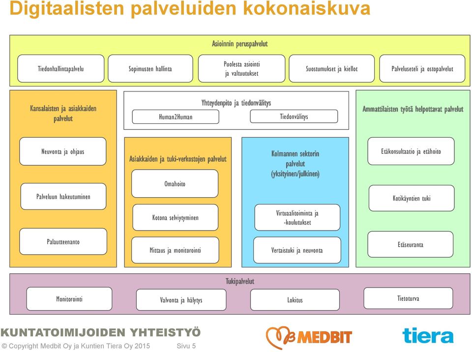 tuki-verkostojen palvelut Omahoito Kolmannen sektorin palvelut (yksityinen/julkinen) Etäkonsultaatio ja etähoito Palveluun hakeutuminen Kotikäyntien tuki Kotona selviytyminen