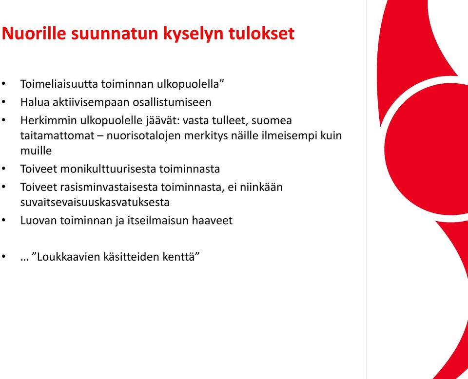 näille ilmeisempi kuin muille Toiveet monikulttuurisesta toiminnasta Toiveet rasisminvastaisesta