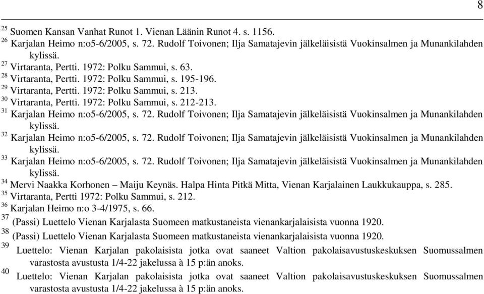 29 Virtaranta, Pertti. 1972: Polku Sammui, s. 213. 30 Virtaranta, Pertti. 1972: Polku Sammui, s. 212-213. 31 Karjalan Heimo n:o5-6/2005, s. 72.