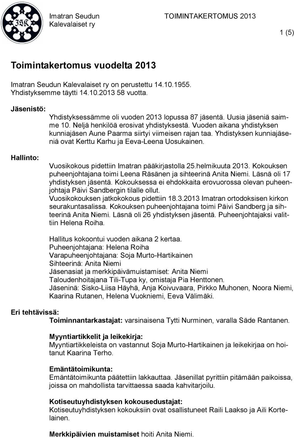 Yhdistyksen kunniajäseniä ovat Kerttu Karhu ja Eeva-Leena Uosukainen. Hallinto: Vuosikokous pidettiin Imatran pääkirjastolla 25.helmikuuta 2013.