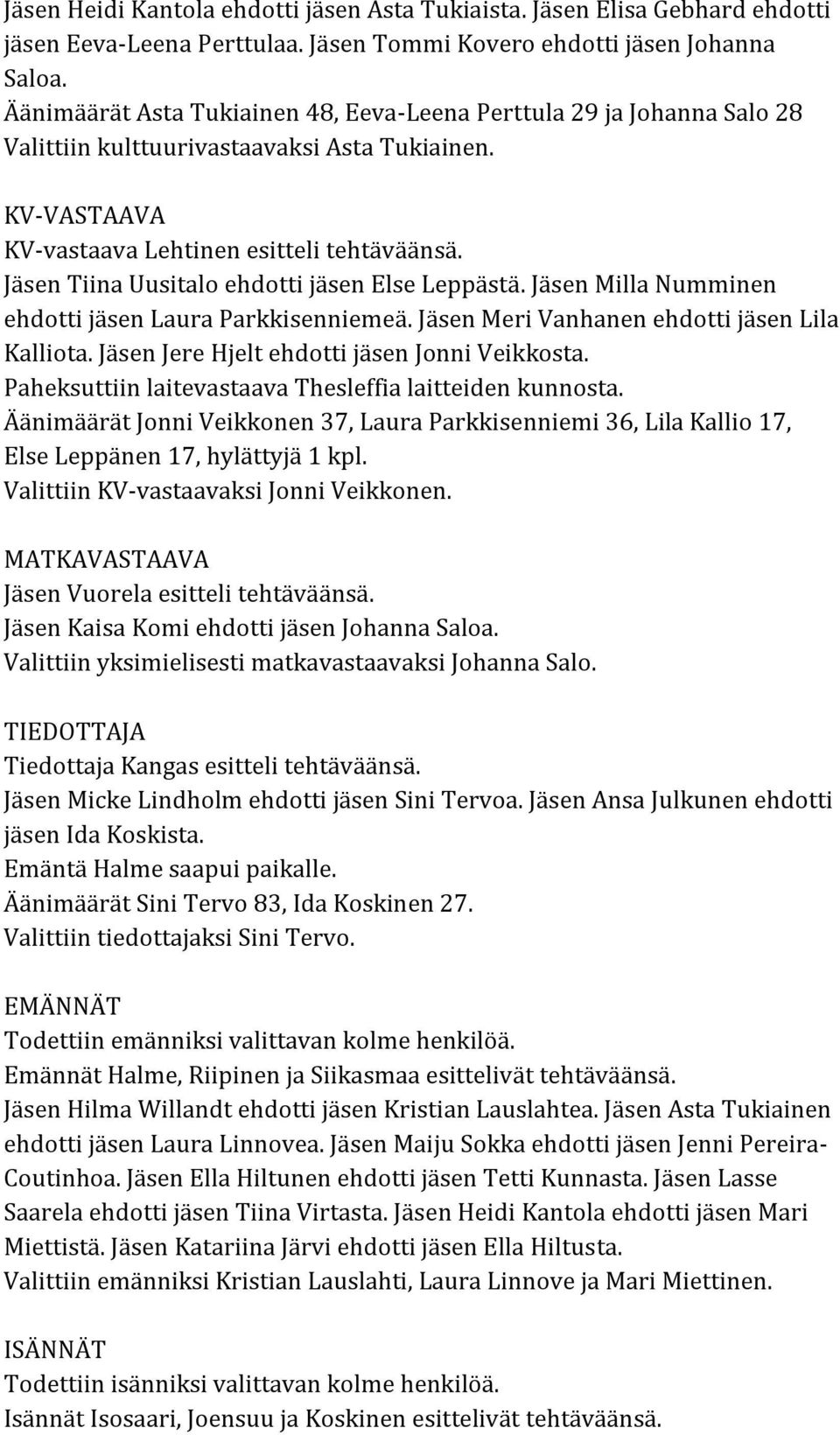 Jäsen Tiina Uusitalo ehdotti jäsen Else Leppästä. Jäsen Milla Numminen ehdotti jäsen Laura Parkkisenniemeä. Jäsen Meri Vanhanen ehdotti jäsen Lila Kalliota.