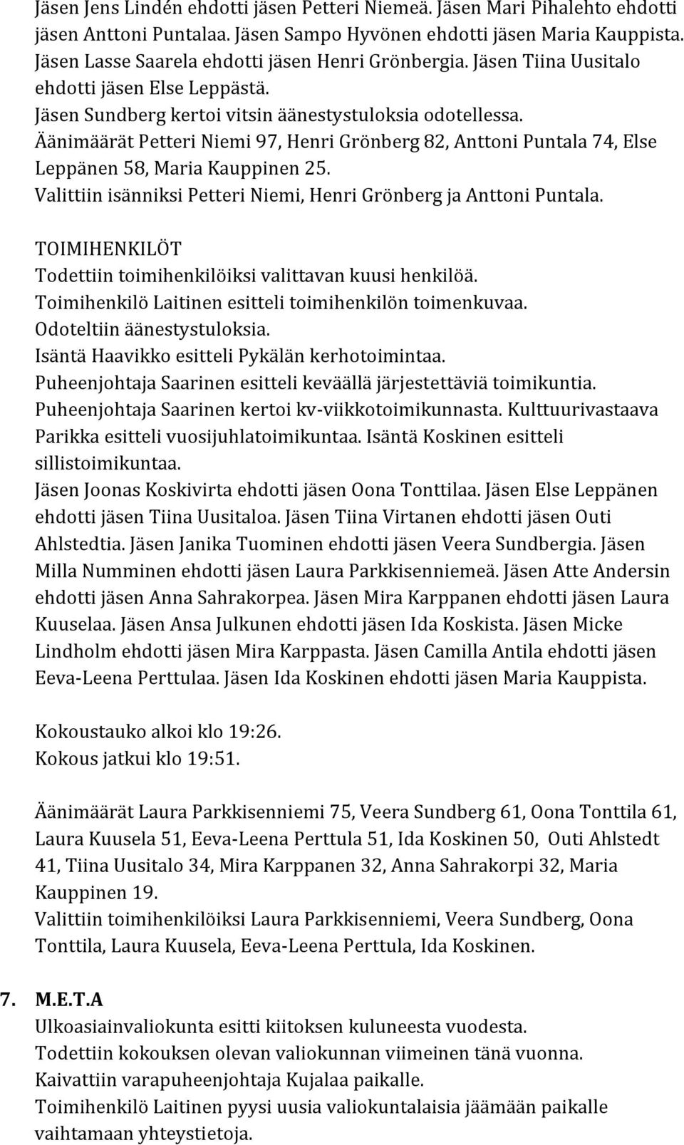 Äänimäärät Petteri Niemi 97, Henri Grönberg 82, Anttoni Puntala 74, Else Leppänen 58, Maria Kauppinen 25. Valittiin isänniksi Petteri Niemi, Henri Grönberg ja Anttoni Puntala.
