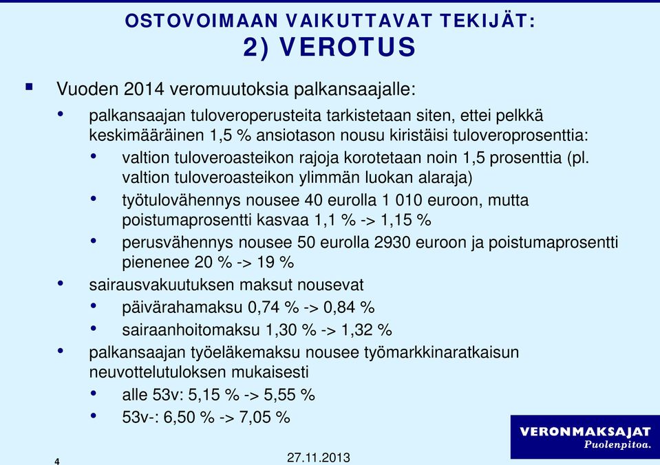 valtion tuloveroasteikon ylimmän luokan alaraja) työtulovähennys nousee 40 eurolla 1 010 euroon, mutta poistumaprosentti kasvaa 1,1 % -> 1,15 % perusvähennys nousee 50 eurolla 2930 euroon ja