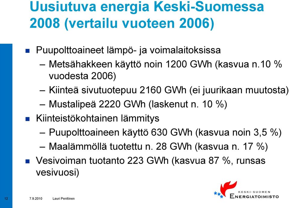 10 % vuodesta 2006) Kiinteä sivutuotepuu 2160 GWh (ei juurikaan muutosta) Mustalipeä 2220 GWh (laskenut n.