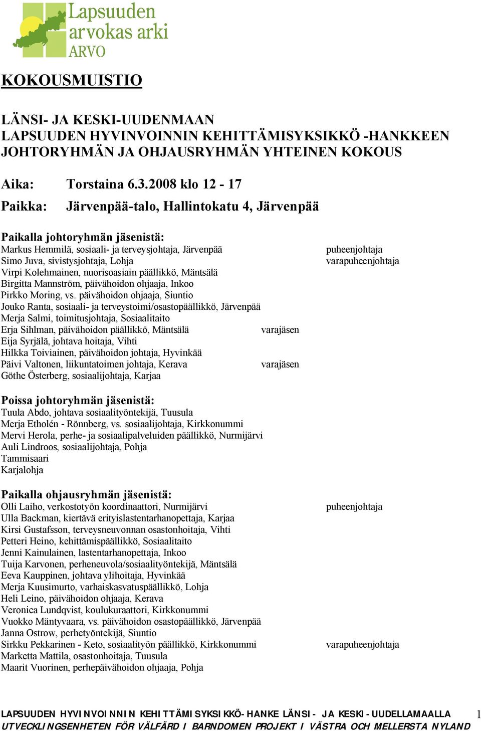 Kolehmainen, nuorisoasiain päällikkö, Mäntsälä Birgitta Mannström, päivähoidon ohjaaja, Inkoo Pirkko Moring, vs.