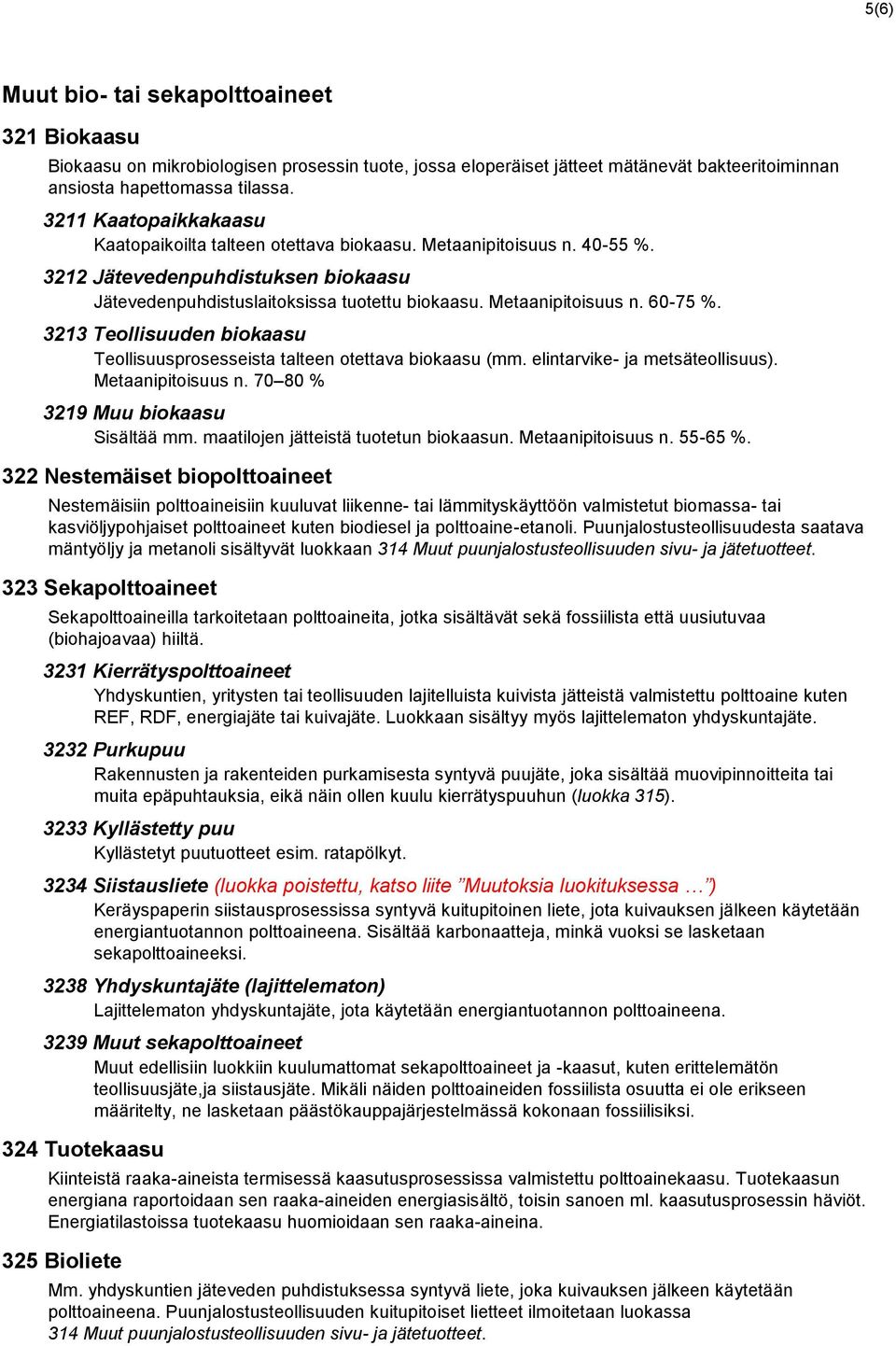 3213 Teollisuuden biokaasu Teollisuusprosesseista talteen otettava biokaasu (mm. elintarvike- ja metsäteollisuus). Metaanipitoisuus n. 70 80 % 3219 Muu biokaasu Sisältää mm.