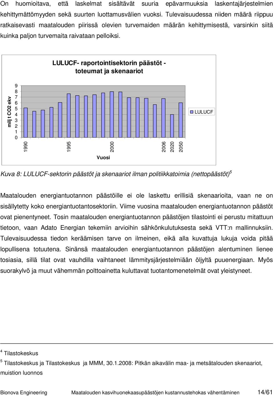 LULUCF- raportointisektorin päästöt - toteumat ja skenaariot milj t CO2 ekv 9 8 7 6 5 4 3 2 1 0 LULUCF 1990 1995 2000 2006 2020 2050 Vuosi Kuva 8: LULUCF-sektorin päästöt ja skenaariot ilman