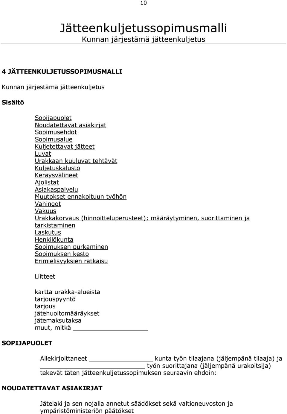 määräytyminen, suorittaminen ja tarkistaminen Laskutus Henkilökunta Sopimuksen purkaminen Sopimuksen kesto Erimielisyyksien ratkaisu Liitteet SOPIJAPUOLET kartta urakka-alueista tarjouspyyntö tarjous