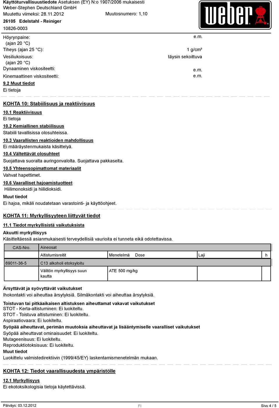 10.4 Vältettävät olosuhteet Suojattava suoralta auringonvalolta. Suojattava pakkaselta. 10.5 Yhteensopimattomat materiaalit Vahvat hapettimet. 10.6 Vaaralliset hajoamistuotteet Hiilimonoksidi ja hiilidioksidi.